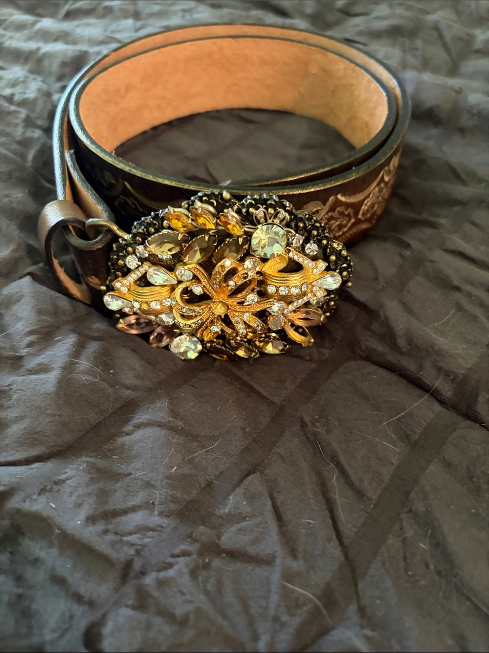 Embellished Brown Leather Belt with Ornate Crystal Buckle